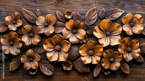 Intricately Carved Wooden Flowers and Leaves Display in a Handcrafted Artisan Piece photo