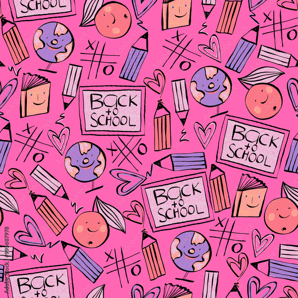 Seamless pattern on the theme of back to school blackboard, book, apple, pencils, globe Seamless pattern on the theme of back to school blackboard, book, apple, pencils, globe