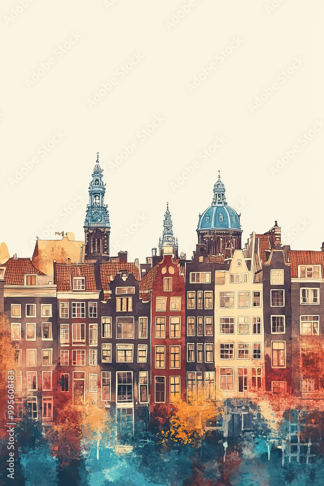 Fototapeta premium Amsterdam, Netherlands, color pen pencil hand-drawn effect drawing illustration for travel poster, card, wallpaper, backdrop or banner. Modern, clear, artistic and simple