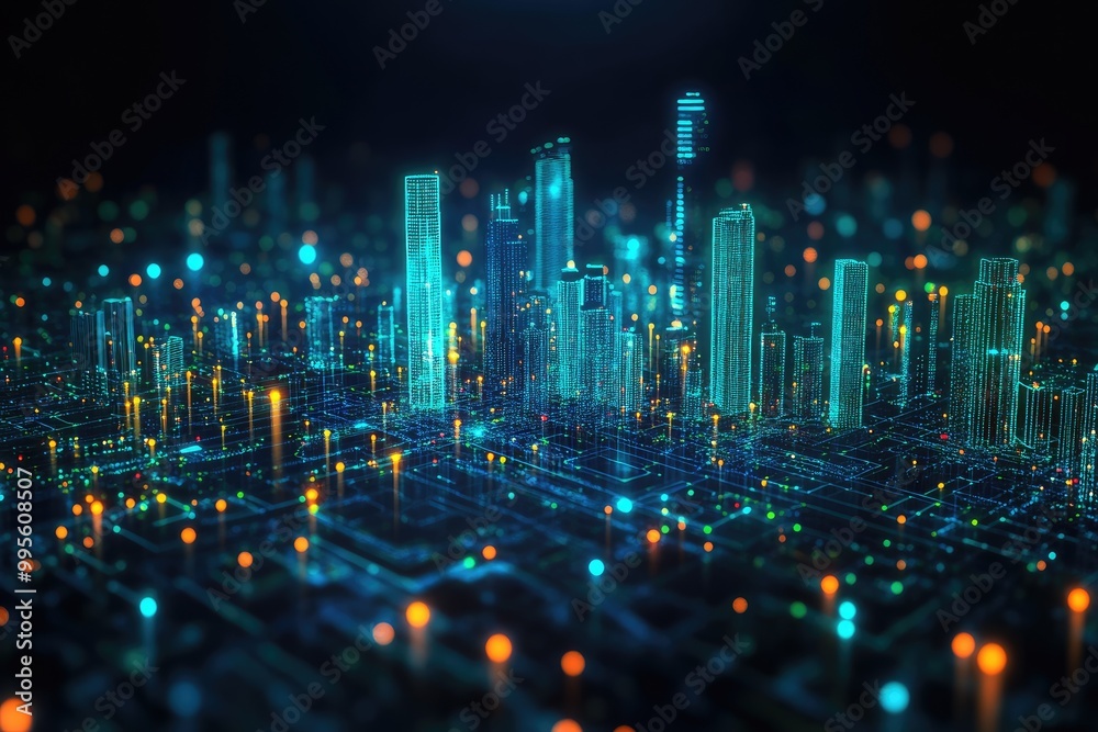 Obraz premium Digital city skyline with glowing lights. Perfect for illustrating futuristic technology and urban development.
