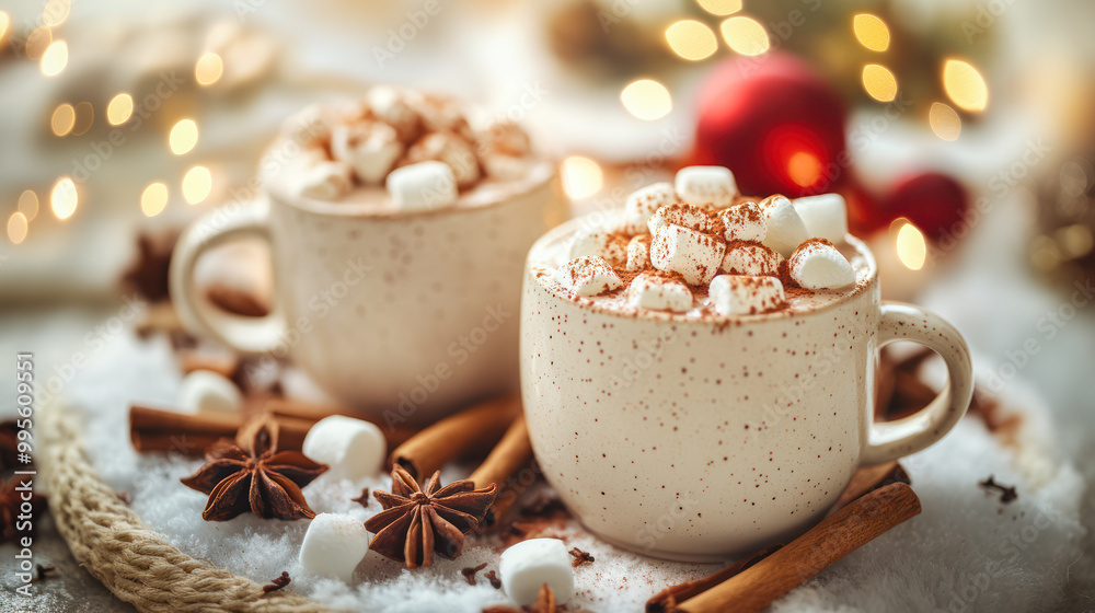 Delicious hot chocolate with marshmallows and cinnamon. A mug of hot cocoa with marshmallows on a dark winter background. Hot winter drink. Menu, recipe. Copy space. Cozy warming atmosphere Delicious hot chocolate with marshmallows and cinnamon. A mug of hot cocoa with marshmallows on a dark winter background. Hot winter drink. Menu, recipe. Copy space. Cozy warming atmosphere
