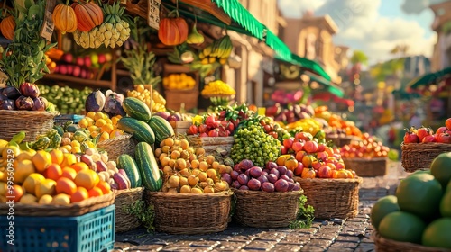 Colorful fruit and vegetable market. Stand with a variety of fresh produce for sale