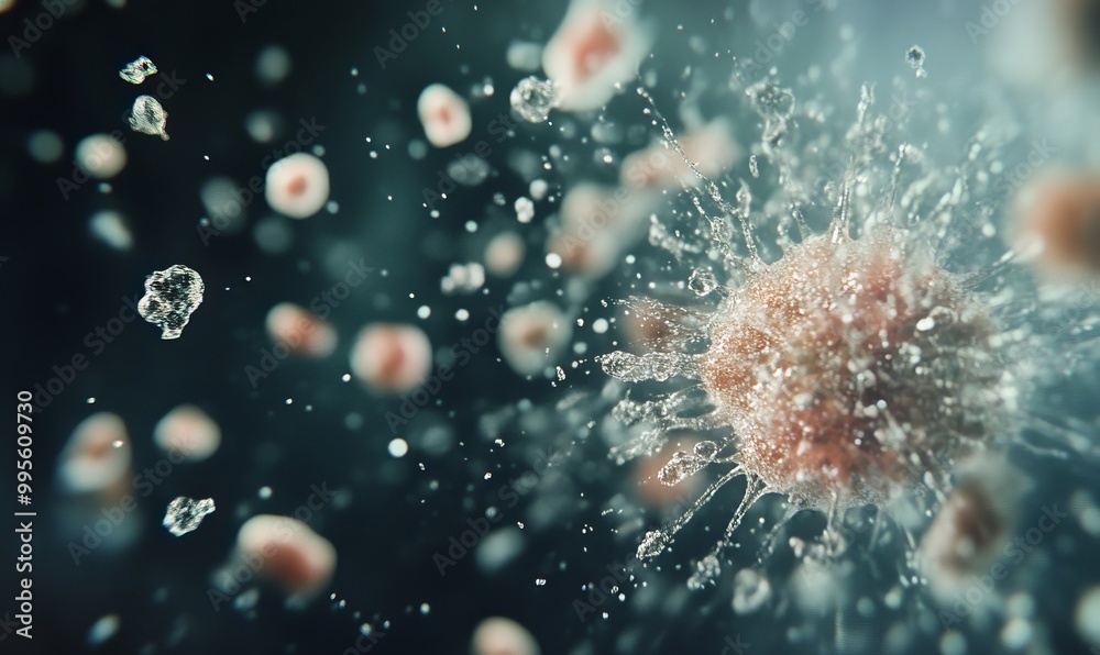 Close-up of a virus bursting with droplets. Close-up of a virus bursting with droplets.