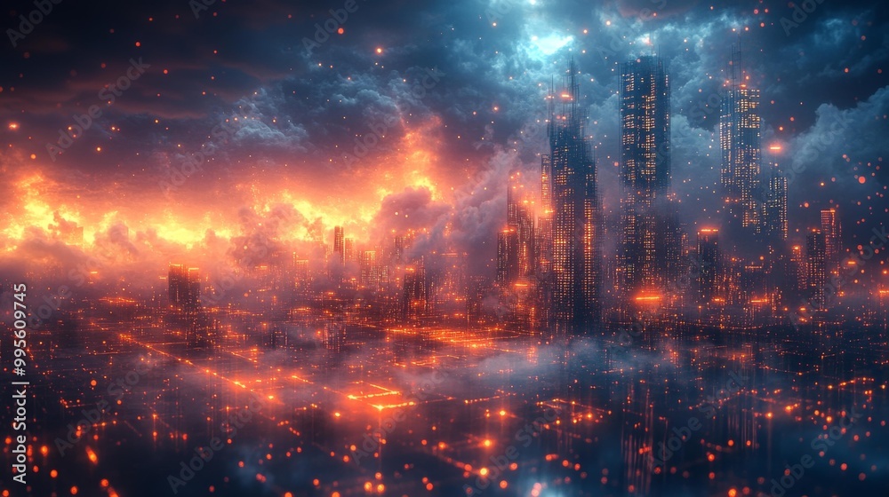 Obraz premium Cyberpunk Cityscape At Dusk With Glowing Grids Generative AI