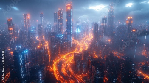 Cyberpunk Cityscape in the Rain with Neon Highways Generative AI