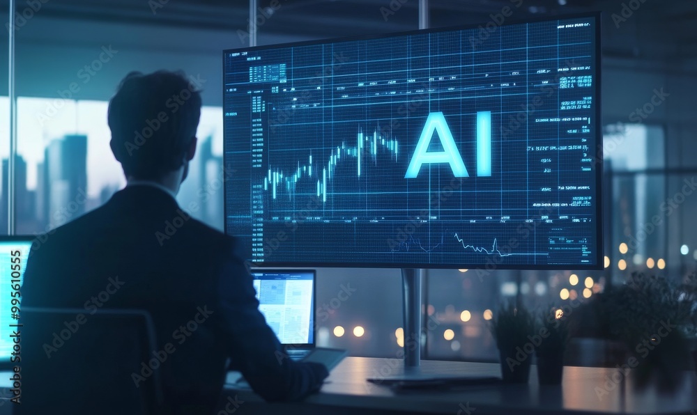 Man analyzing AI stock data on screen. Man analyzing AI stock data on screen.
