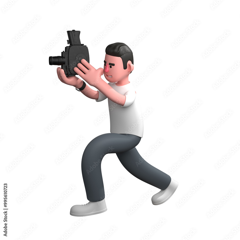 Male Photographer in Action . A male photographer is kneeling holding an analog film camera with both hands. 3D Studio Scene Male Photographer in Action . A male photographer is kneeling holding an analog film camera with both hands. 3D Studio Scene