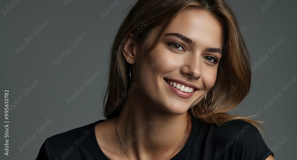 Radiant Smile: A close-up portrait of a beautiful young woman with a radiant smile, her eyes sparkling with joy and confidence. The soft lighting enhances her natural beauty. Radiant Smile: A close-up portrait of a beautiful young woman with a radiant smile, her eyes sparkling with joy and confidence. The soft lighting enhances her natural beauty.