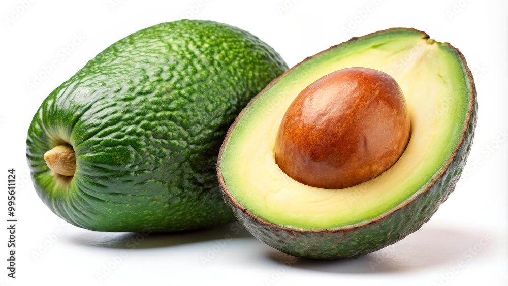 Three avocados are laying on a white reflective surface, with the front avocado cut in half revealing the seed Three avocados are laying on a white reflective surface, with the front avocado cut in half revealing the seed