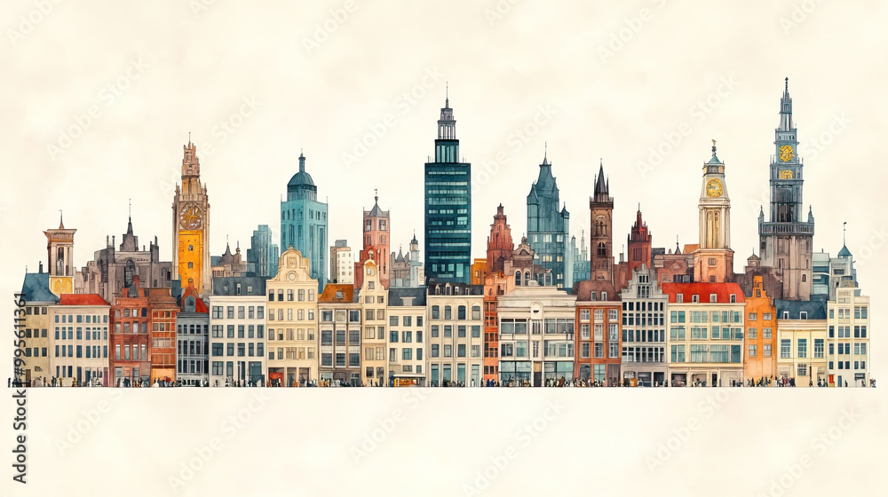 Obraz premium Antwerp, Belgium, color pen pencil hand-drawn effect drawing illustration for travel poster, card, wallpaper, backdrop or banner. Modern, clear, artistic and simple