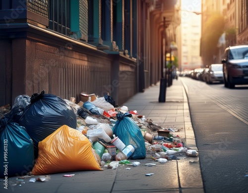 Bolsas de basura sobre la acera en una calle de ciudad photo