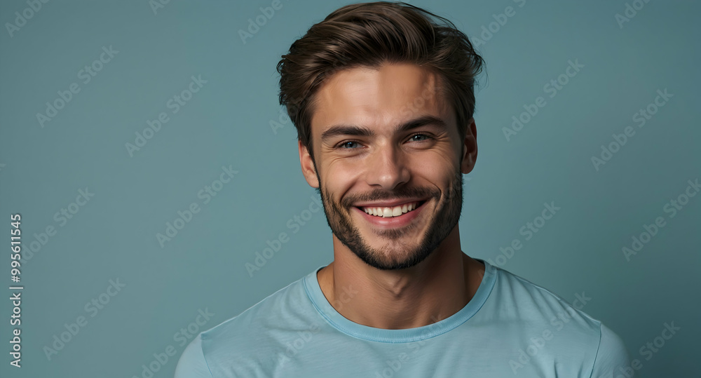 Smiling Man Portrait: A charismatic man with a genuine smile and styled hair against a muted blue background. Perfect for projects needing a friendly, approachable male model. Smiling Man Portrait: A charismatic man with a genuine smile and styled hair against a muted blue background. Perfect for projects needing a friendly, approachable male model.