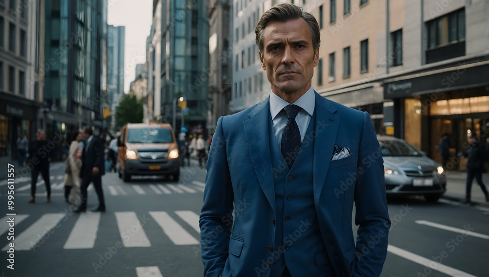 Confident Executive on City Street: A sophisticated man in a navy blue three-piece suit commands attention amidst the urban bustle. His serious expression and sharp attire project power and success. Confident Executive on City Street: A sophisticated man in a navy blue three-piece suit commands attention amidst the urban bustle. His serious expression and sharp attire project power and success.