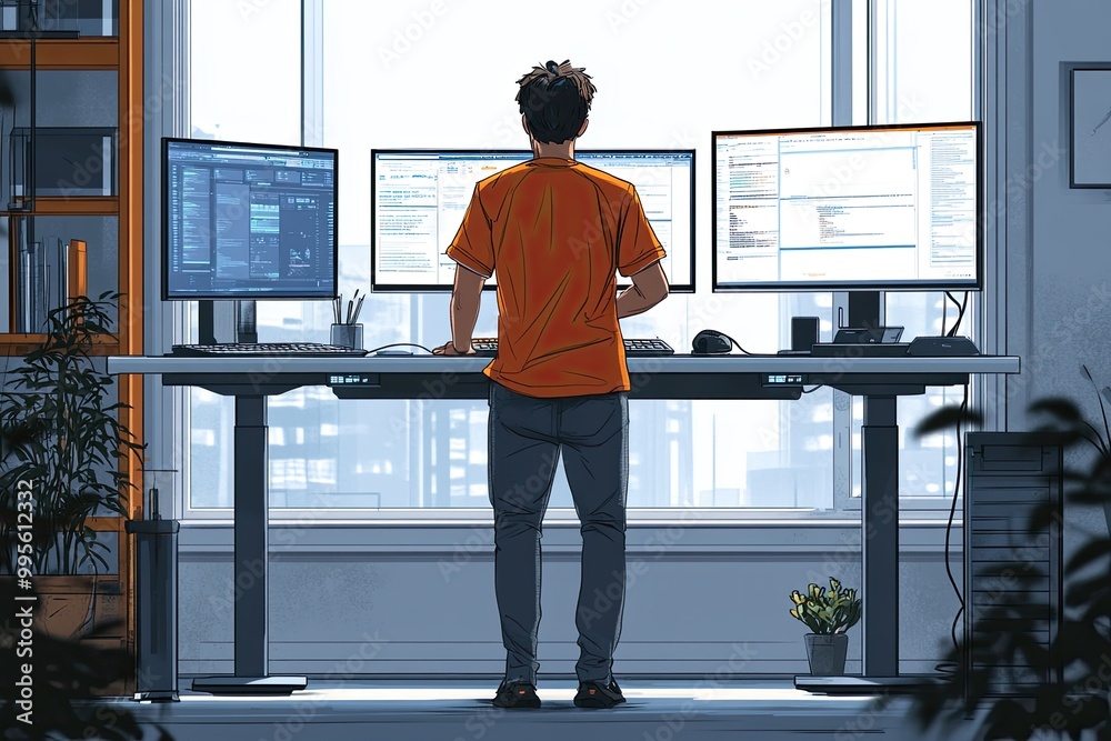 Man working at his computer. The image depicts the everyday life of a programmer or other tech professional. Man working at his computer. The image depicts the everyday life of a programmer or other tech professional.