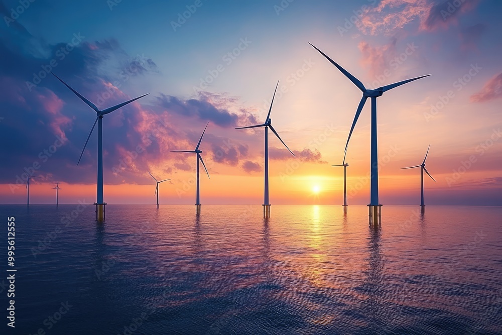 Obraz premium Wind turbines stand tall in the sea. This image depicts the power of renewable energy.