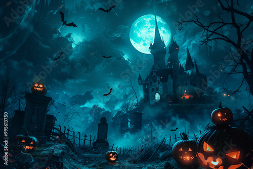 Halloween spooky background with copy space. Silhouette of the which castle, pumpkins, bats, graveyard, trees. High quality photo