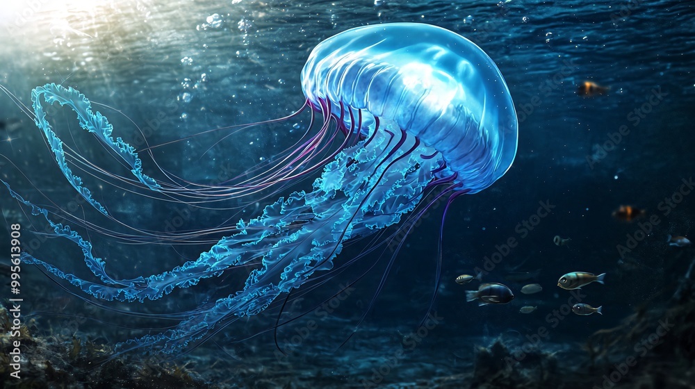 A large jellyfish with long tentacles swims in a blue ocean, illuminated by a ray of sunlight. A large jellyfish with long tentacles swims in a blue ocean, illuminated by a ray of sunlight.