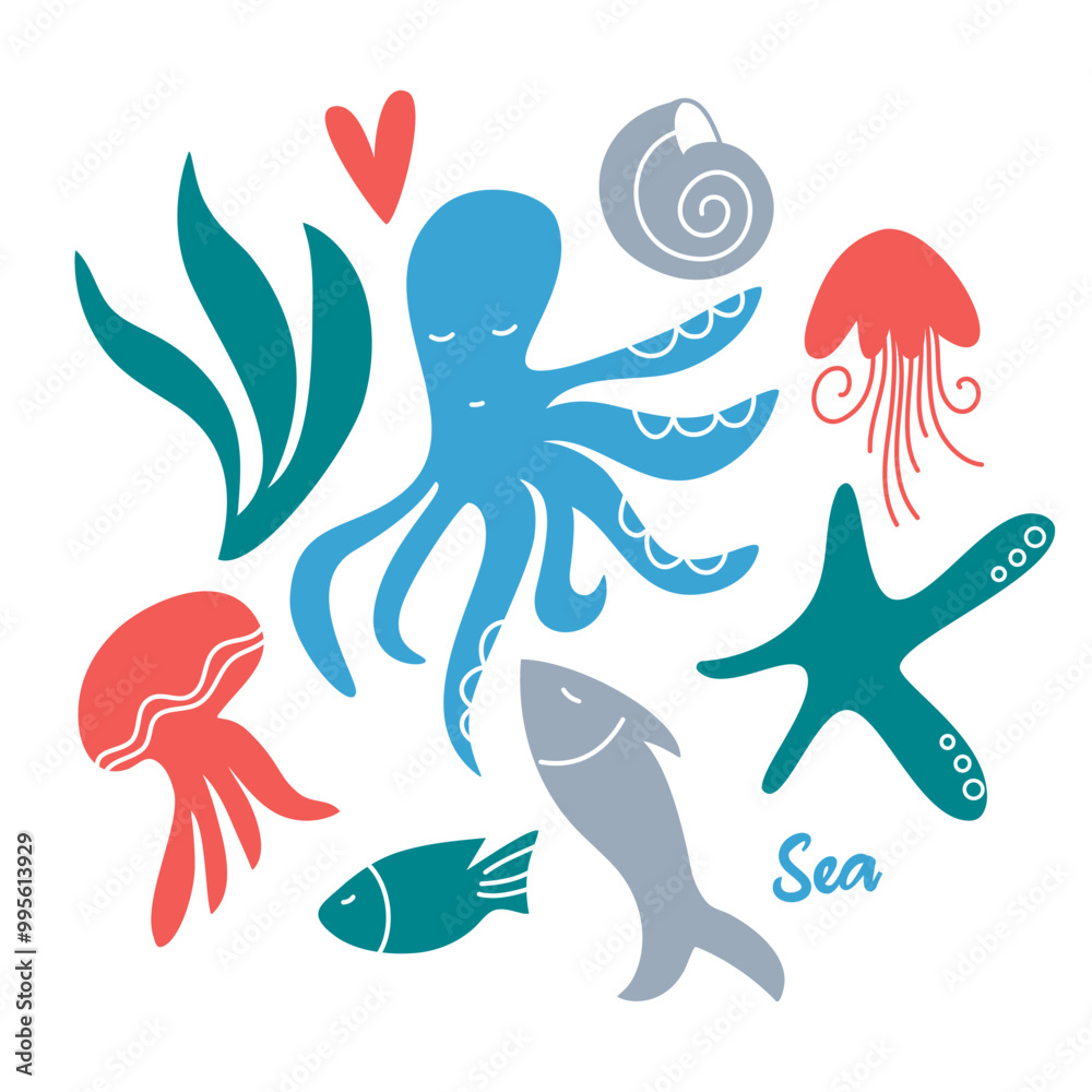 Fototapeta premium Vector set of underwater inhabitants octopus, fish, starfish, algae
