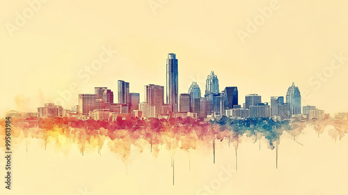 Austin, Texas, color pen pencil hand-drawn effect drawing illustration for travel poster, card, wallpaper, backdrop or banner. Modern, clear, artistic and simple