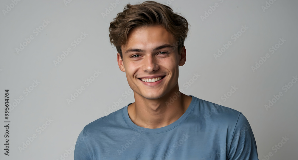 Smiling Man Portrait: A young, handsome man with light brown hair and a genuine smile, wearing a simple blue t-shirt. Perfect for branding, fashion, and lifestyle projects. Smiling Man Portrait: A young, handsome man with light brown hair and a genuine smile, wearing a simple blue t-shirt. Perfect for branding, fashion, and lifestyle projects.
