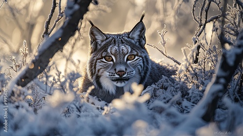 A serene lynx rests among frosted branches, showcasing its striking features in a winter landscape.
