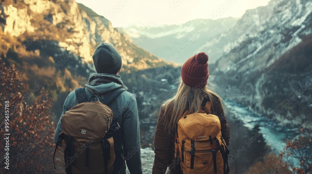 Couple traveling together and exploring new places. Beautiful couple walking with backpacks Couple traveling together and exploring new places. Beautiful couple walking with backpacks