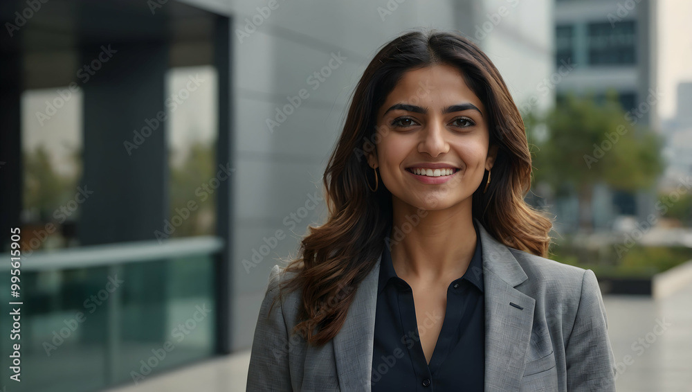 Confident & Successful: A young businesswoman beams with confidence, her eyes reflecting ambition and determination. The urban backdrop enhances her professional image. Confident & Successful: A young businesswoman beams with confidence, her eyes reflecting ambition and determination. The urban backdrop enhances her professional image.
