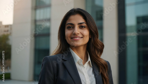 Free Download Confident Businesswoman: Portrait of a smiling, successful businesswoman in a modern city setting. Her confident expression and professional attire exude success and ambition. - GFXLoad