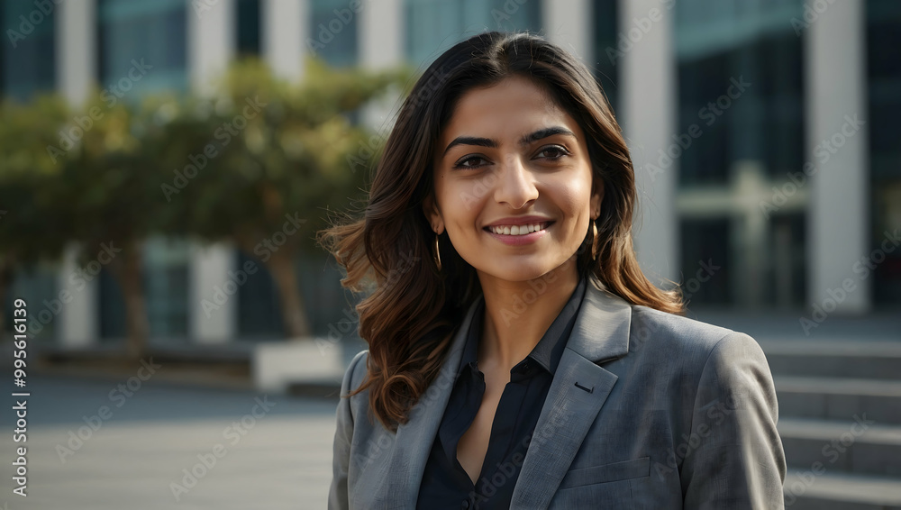 Confident Businesswoman: Portrait of a smiling, successful businesswoman in a grey blazer, standing outdoors in front of a modern office building. Confident Businesswoman: Portrait of a smiling, successful businesswoman in a grey blazer, standing outdoors in front of a modern office building.