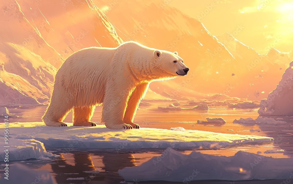 Φωτογραφία A polar bear stands on an ice floe, illuminated by a warm sunset, showcasing the beauty of Arctic landscapes