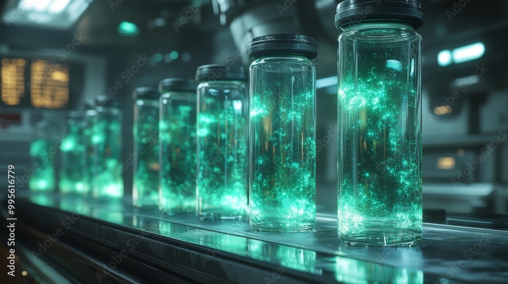 Futuristic Vials Containing Glowing Green Substance in Lab Generative AI Futuristic Vials Containing Glowing Green Substance in Lab Generative AI