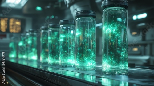 Futuristic Vials Containing Glowing Green Substance in Lab Generative AI