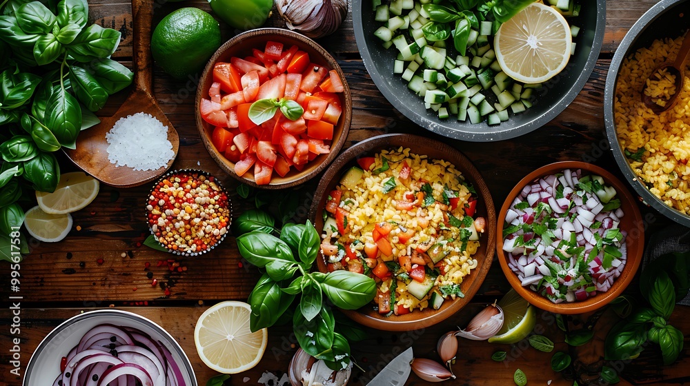 Fresh Mediterranean Salad Ingredients with Lemon Basil Tomatoes Cucumber Onion and Rice Fresh Mediterranean Salad Ingredients with Lemon Basil Tomatoes Cucumber Onion and Rice