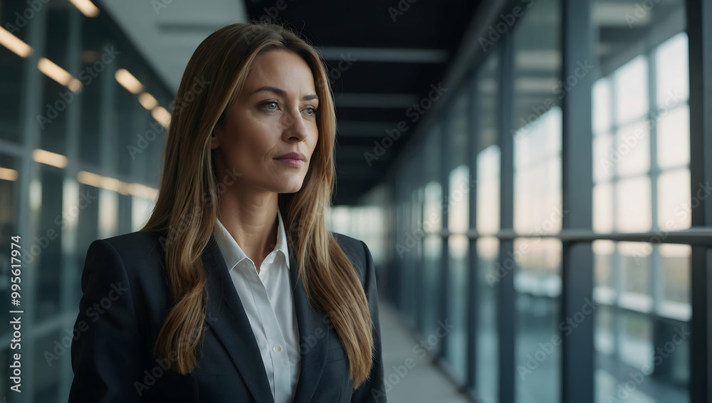 Confident Businesswoman: Ambitious and poised, a stylish businesswoman gazes thoughtfully through a modern glass corridor, embodying determination and success. Confident Businesswoman: Ambitious and poised, a stylish businesswoman gazes thoughtfully through a modern glass corridor, embodying determination and success.