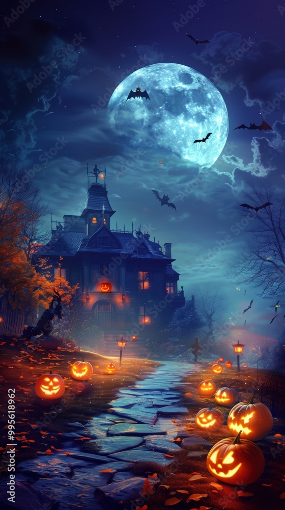 Jack-o’-Lantern Path Leading to Haunted House Under a Full Moon Jack-o’-Lantern Path Leading to Haunted House Under a Full Moon