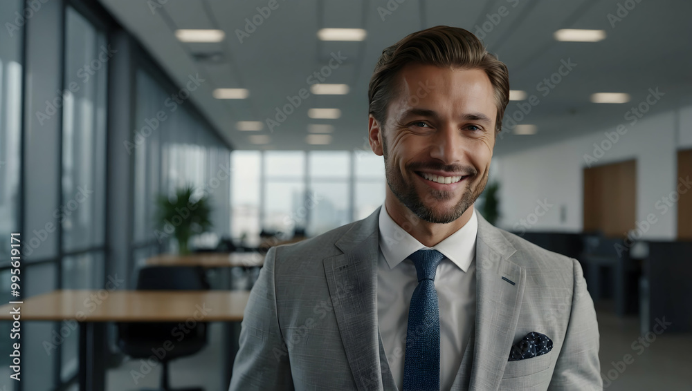 Confident and Ready: A handsome businessman in a sharp gray suit, tie, and pocket square exudes confidence and professionalism, looking directly at the camera with a warm, genuine smile. Confident and Ready: A handsome businessman in a sharp gray suit, tie, and pocket square exudes confidence and professionalism, looking directly at the camera with a warm, genuine smile.