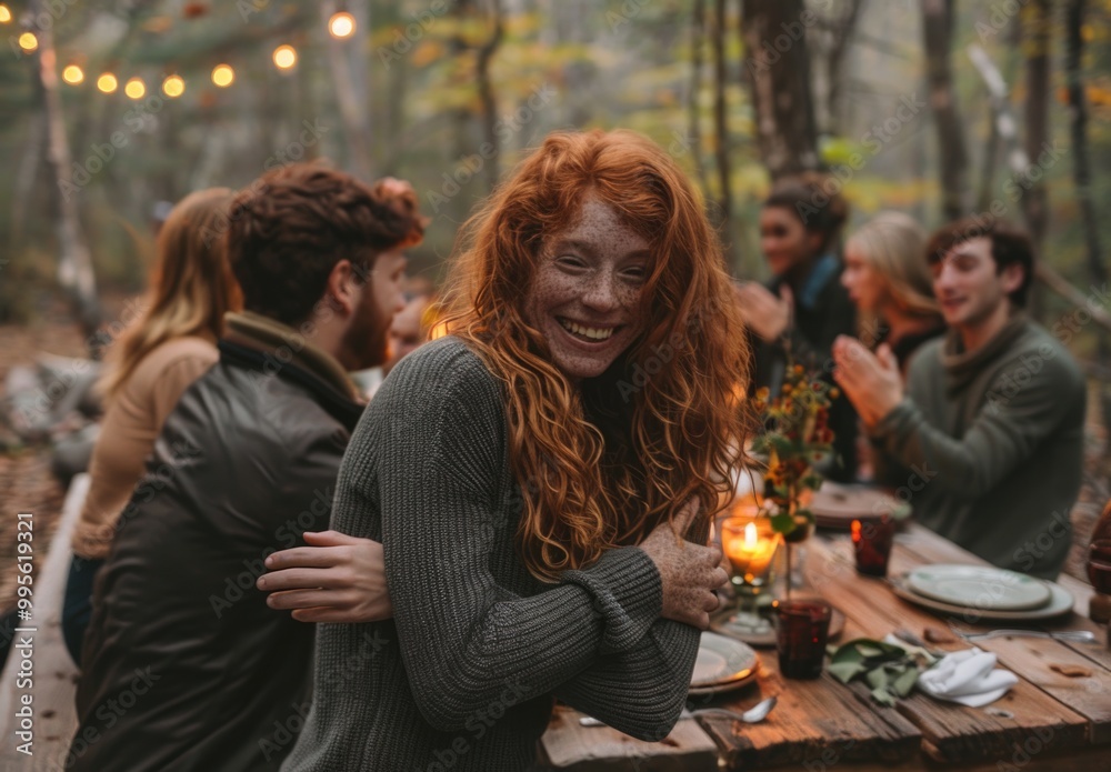 group of friends is gathered around an outdoor wooden table in a forest setting, enjoying a warm, cozy evening with candles and string lights. A smiling woman with red hair stands in the foreground group of friends is gathered around an outdoor wooden table in a forest setting, enjoying a warm, cozy evening with candles and string lights. A smiling woman with red hair stands in the foreground