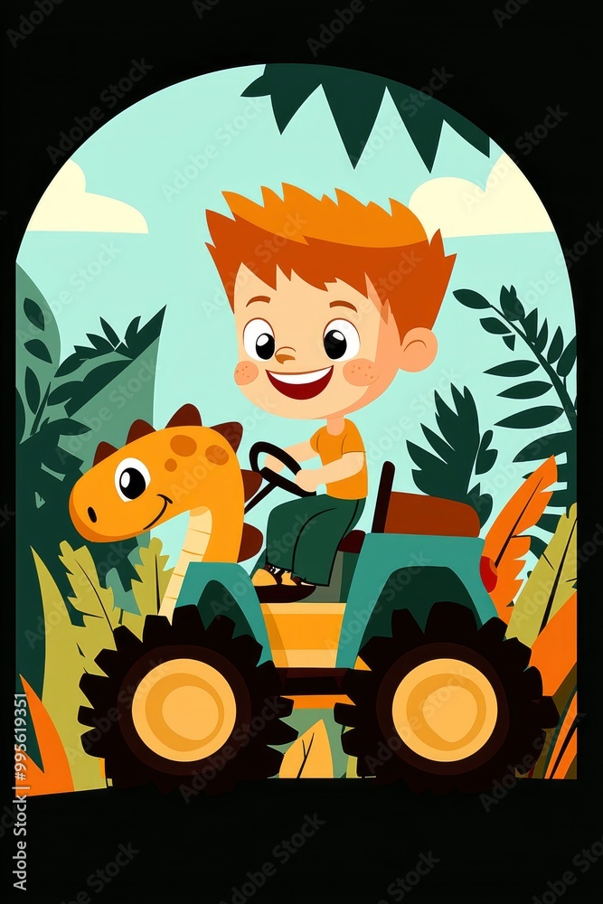 Fototapeta premium Happy Boy Riding Dinosaur Toy In Jungle