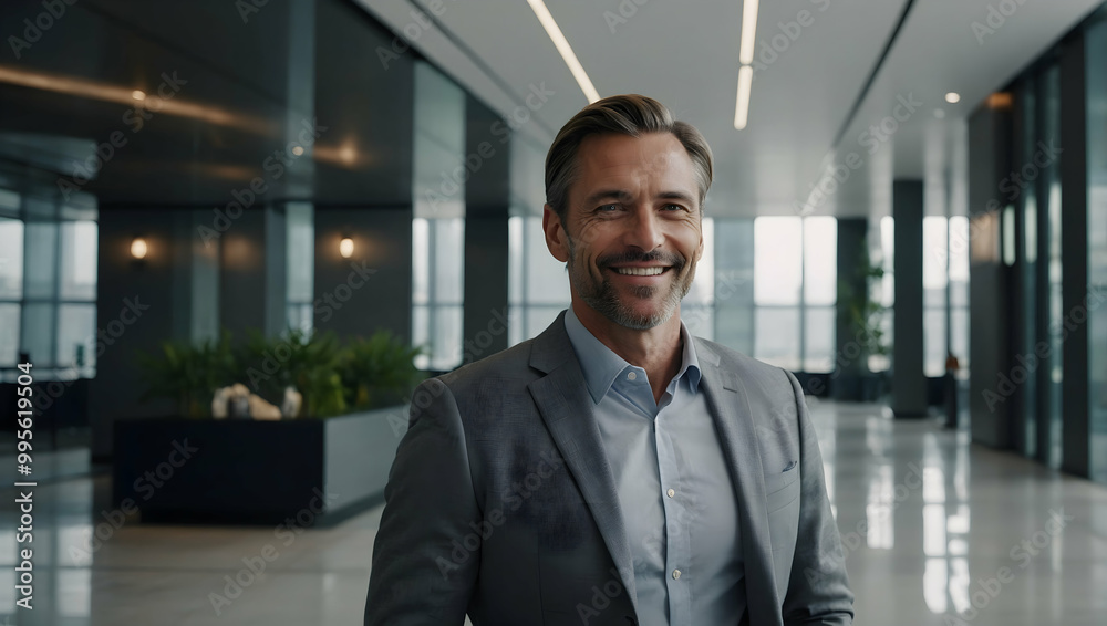 Fototapeta premium Confident CEO Portrait: A charismatic middle-aged businessman smiles warmly in a modern office hallway. His success and leadership are palpable.