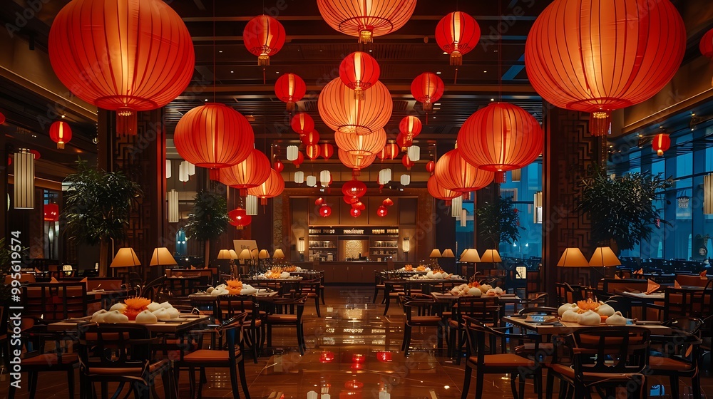 Chinese Restaurant Interior with Red Lanterns and Empty Tables
