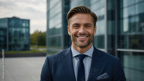 Confident Businessman: Portrait of a successful, smiling businessman in a suit, standing confidently outdoors against a modern cityscape background. 