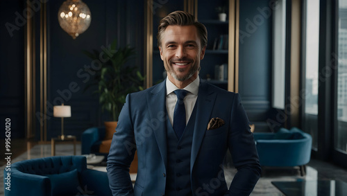 Confident CEO Portrait:  A charismatic businessman exudes success and sophistication in a stylish navy suit, standing in a luxurious modern office.  His genuine smile conveys trust and leadership.  photo