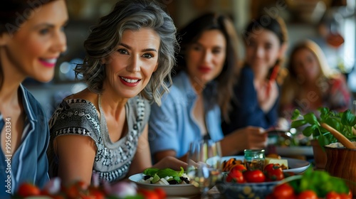 Happy Mature Woman Smiling at Dinner Party with Friends