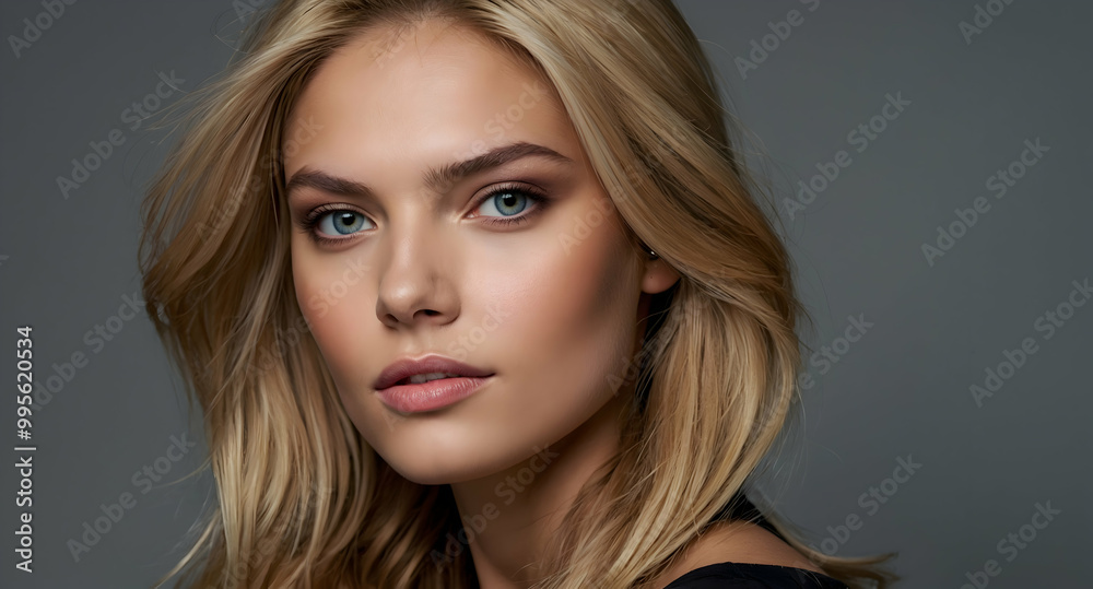Fototapeta premium Captivating Gaze: A captivating portrait of a beautiful blonde woman with striking blue eyes, her long flowing hair framing her face. Her gaze is direct and alluring.