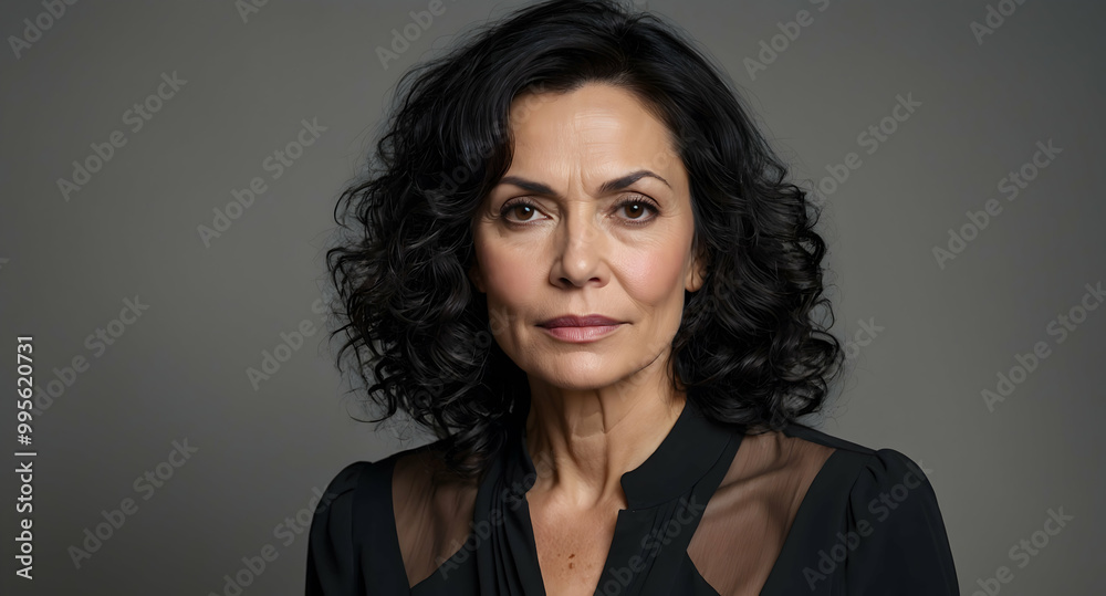 Fototapeta premium Confident Woman Portrait: A striking headshot of a middle-aged woman with dark, curly hair, exuding confidence and strength. Her serious expression and elegant attire create a powerful image.