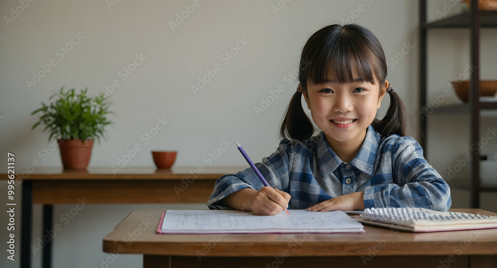 Smiling Girl Doing Homework at Home Smiling Girl Doing Homework at Home
