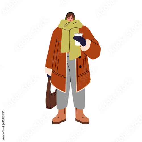 Stylish girl in earmuffs, mittens holds cup of coffee outdoors. Young woman in winter outerwear, scarf in wintertime. Person wearing warm clothes, coat. Flat isolated vector illustration on white