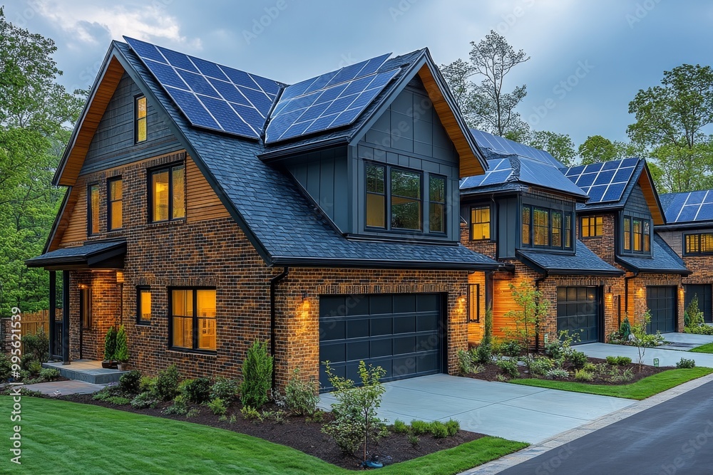 Suburban houses with solar panels installed. Generative AI Suburban houses with solar panels installed. Generative AI