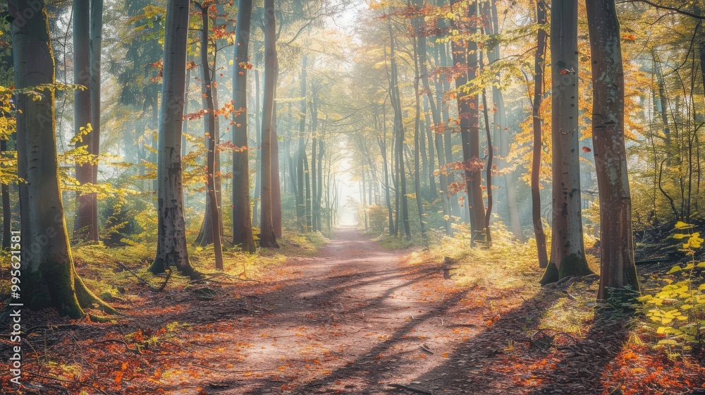 Fototapeta premium A tranquil forest path winds through tall trees, with dappled sunlight filtering down onto a beautiful blanket of fallen leaves.