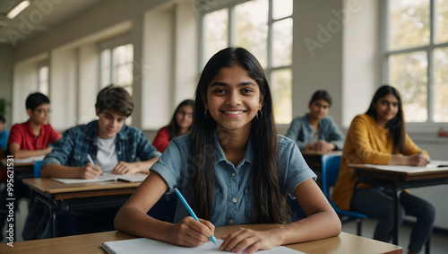 Confident Student in Classroom: A bright and smiling teenage girl confidently takes notes in a diverse classroom setting, her positive energy radiating.  